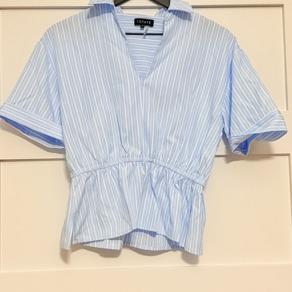 1.State Johnny Collar Gathered Waist Top Blue & White Vertical Stripe NWOT XS - Picture 5 of 8